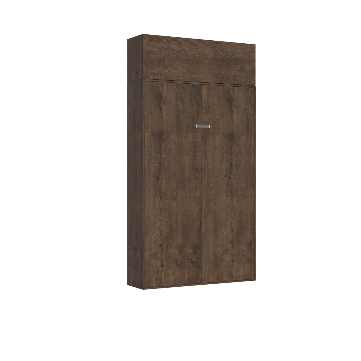 Letto Kentaro legno scuro con pensile chiuso, design verticale elegante. Perfetto per arredare piccoli spazi con stile.