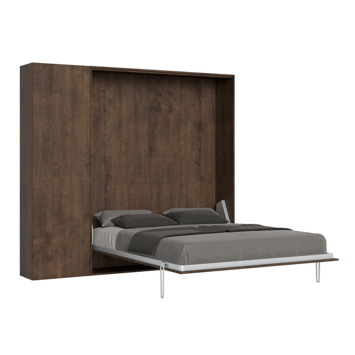 Letto Kentaro con colonna in legno scuro aperto, soluzione salvaspazio elegante per ambienti moderni.