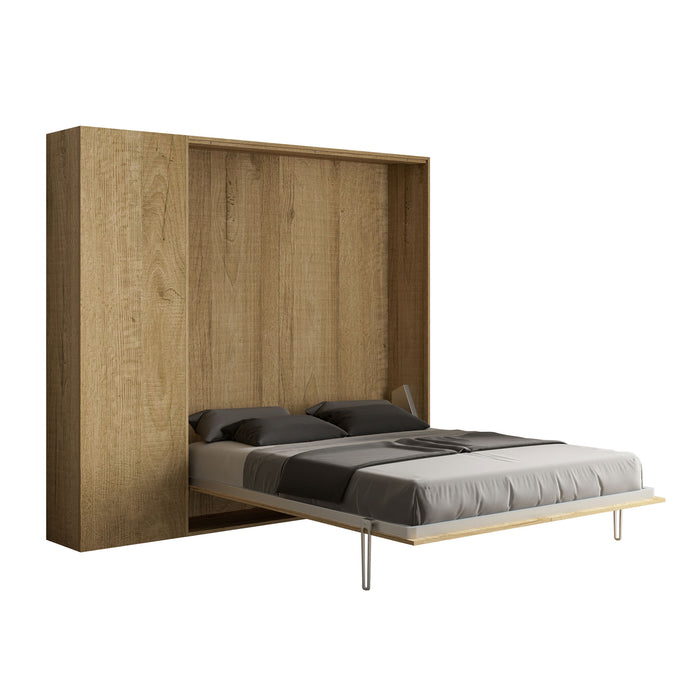 Letto Kentaro con colonna in rovere chiaro aperto, design salvaspazio per arredamento contemporaneo.