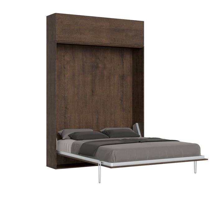 Letto Kentaro con pensile superiore in legno scuro aperto, perfetto per ambienti eleganti e funzionali.