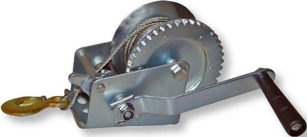 Verricello manuale in acciaio con capacità di 540KG e cavo di 7.5MT, ideale per sollevamento e traino in ambito industriale.