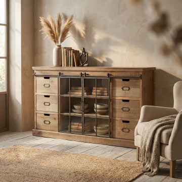 Mobile in legno con 2 ante e 6 cassetti, 147,5x39x81,5 cm