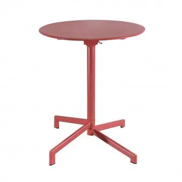 Tavolo Vega ø 60 in acciaio rosso corallo, ideale per esterni, con base stabile e design moderno.