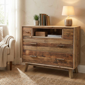 Cassettiera 4 cassetti 1 ripiano legno pino riciclato 110x48x92cm
