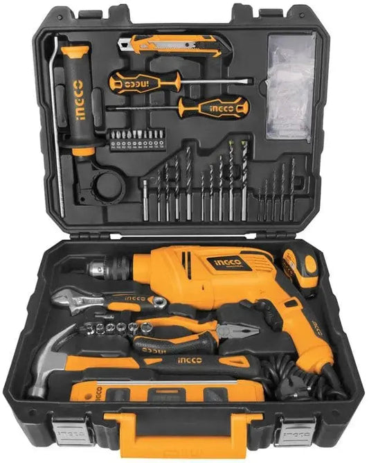 Valigetta trapano e utensili Ingco con trapano 850W, cacciaviti, punte, chiavi e accessori per il fai da te. Set completo e organizzato.