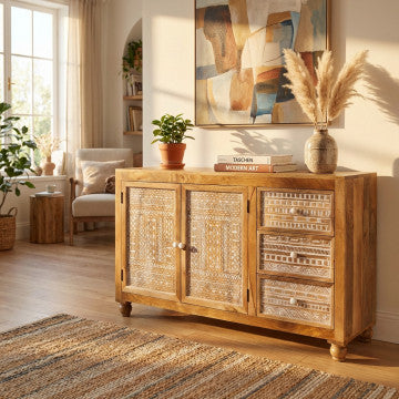 Mobile in legno di mango con 2 ante e 3 cassetti 150x45x90 cm