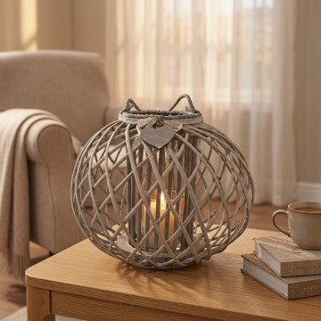 Lanterna in vimini grigio e vetro con nastro pizzo, Ø 49 cm