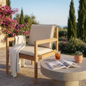 Poltrona impilabile in teak e wicker con cuscini 59x60x80 cm