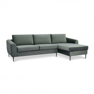 Divano con chaise longue in tessuto grigio, gambe metallo, 180x97x85 cm