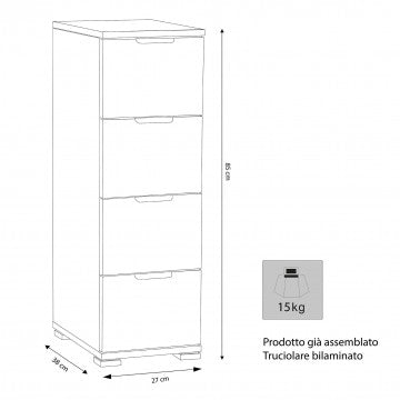 Cassettiera 4 cassetti in truciolare bilaminato rovere grigio 27x38x85
