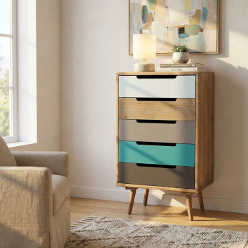 Cassettiera con struttura MDF, gambe pino, 5 cassetti colorati