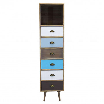 Mobiletto con struttura MDF, gambe pino, top naturale, 1 ripiano e 6 cassetti