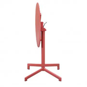 Vista laterale del Tavolo Vega ø 60 rosso corallo con piano pieghevole, perfetto per spazi esterni ridotti.