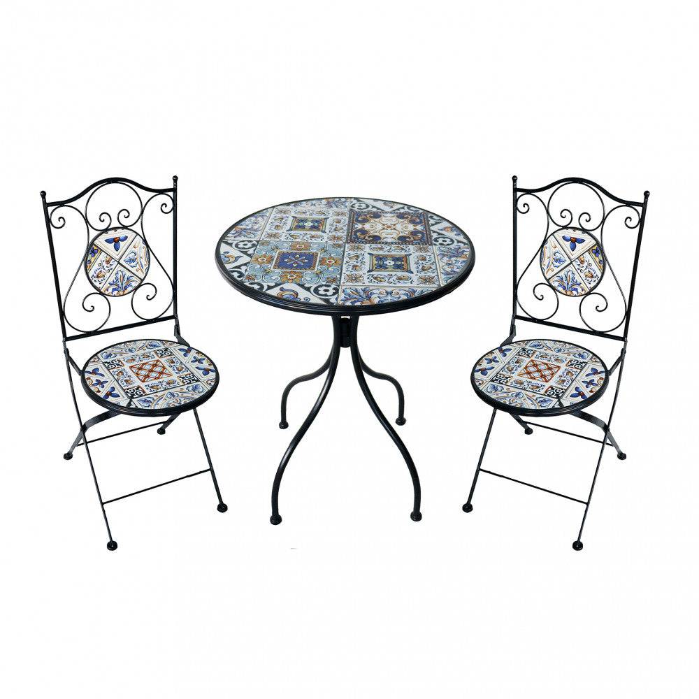 Set di tavolo e sedie da giardino con struttura in ferro nero e piastrelle decorate in stile mediterraneo, forma circolare, ideale per esterni