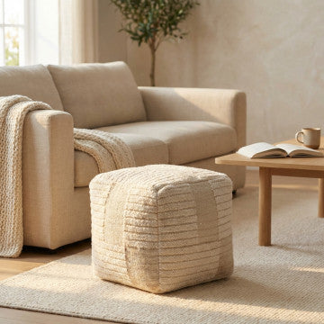 Pouf quadrato in lana avorio con decoro, 40x40x40 cm