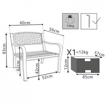 Diagramma tecnico di una poltrona in acciaio verniciato antracite con misure dettagliate, peso massimo supportato 12kg, ideale per esterni.