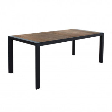 Tavolo Carson 195 x 90 cm con struttura in alluminio antracite e piano in ceramica effetto legno, perfetto per spazi esterni.