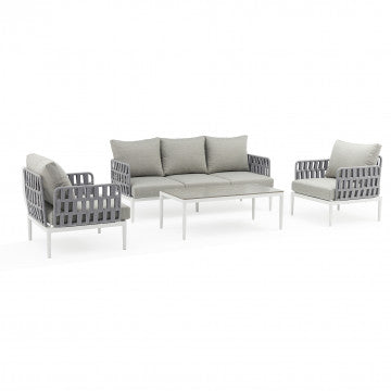 Salotto 3 pezzi struttura alluminio corda PVC cuscini poliestere