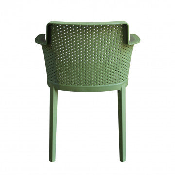 Retro della poltrona Cathy verde oliva. Design traforato e struttura solida in polipropilene. Dimensioni 60x58x76.5cm.