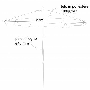 Ombrellone diametro 3 metri telo poliestere 180 gr con palo legno