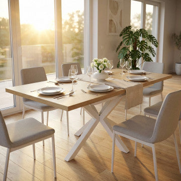 Tavolo allungabile piano melamina con venature, struttura metallo, 160/200x90 cm