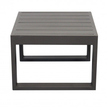 Vista laterale del Tavolino Cuba 45 x 45 in alluminio verniciato marrone scuro, con struttura robusta e design essenziale.
