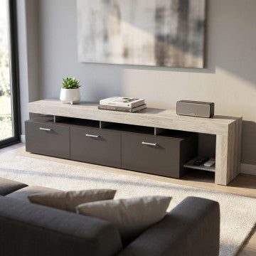 Porta TV in truciolare bilaminato, 220x40x52 cm, colori pino chiaro e antracite