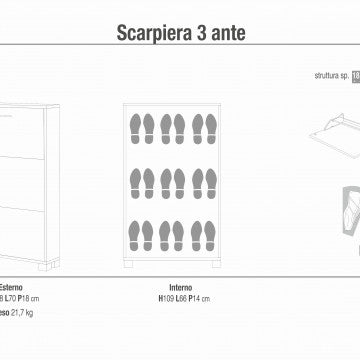 Scarpiera 3 ante MDF bianco fiammato noce Stelvio 70x18x118 cm