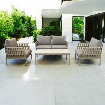 Salotto 2 posti in alluminio con rivestimento corda PVC e cuscini