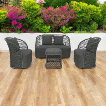 Salotto con struttura in alluminio, corda PVC e rivestimento poliestere-cotone