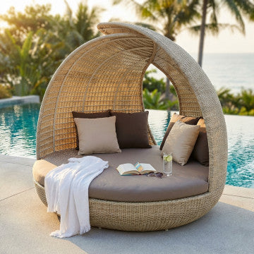 Conchiglia in alluminio e wicker con 8 cuscini, 180x210x192 cm