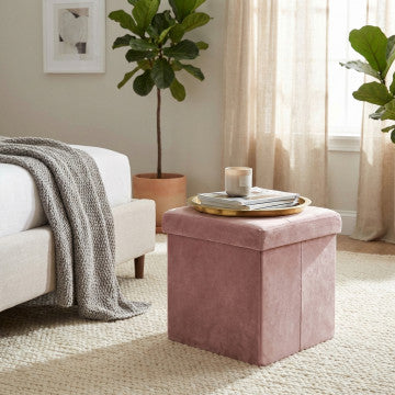 Pouf contenitore quadrato in velluto, 38x38x38 cm, colore rosa
