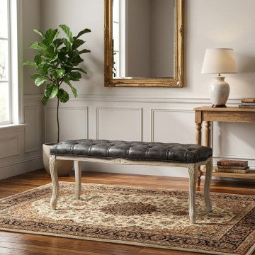 Panca in legno con rivestimento ecopelle vintage, dimensioni 110x36x47 cm