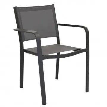Poltrona impilabile Zante in alluminio grigio con seduta e schienale in textilene, ideale per esterni e terrazze.