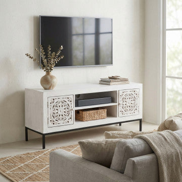 Porta TV con struttura in ferro e ante in legno di mango, 130x40x55 cm