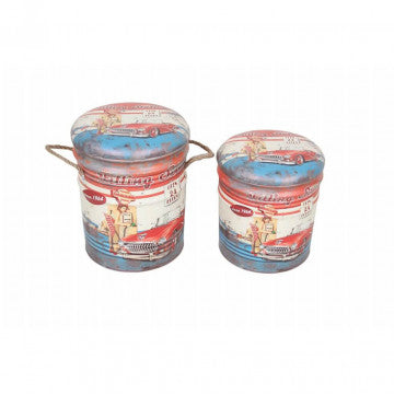 Set di 2 pouf contenitori tondi in MDF e PVC con coperchio imbottito