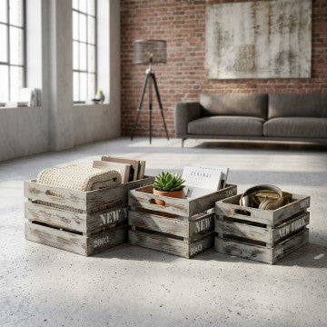 Set 3 cassette legno paulonia grigio decoro - misure grande media piccola