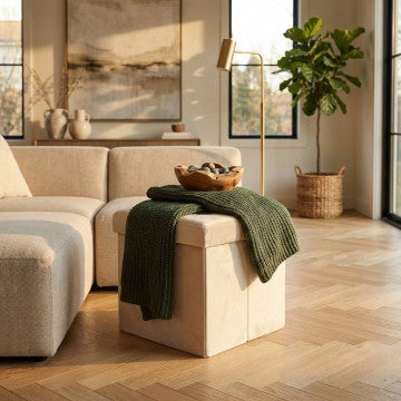 Pouf contenitore quadrato velluto beige 38x38x38 cm