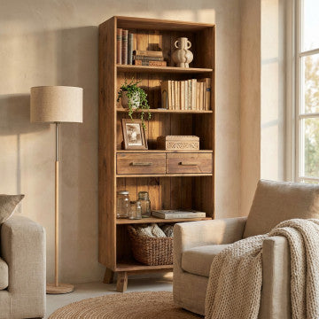 Libreria 4 ripiani 2 cassetti legno pino riciclato 80x40x190 cm