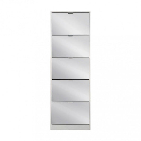 Scarpiera Susie Bianca con specchio, 5 ante in vetro e truciolare bilaminato, design funzionale, misura 60x24x180cm, ideale per ingresso.