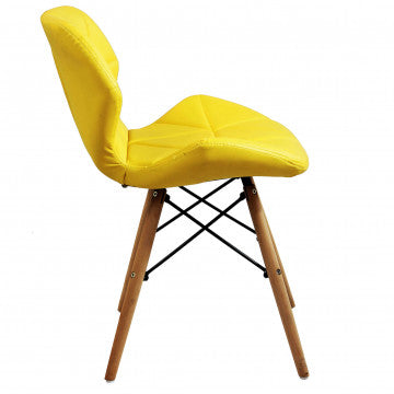 Sedia con struttura metallo, seduta ecopelle gialla e gambe in legno