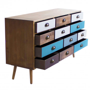 Mobile in MDF con gambe legno pino, top naturale e 12 cassetti colorati