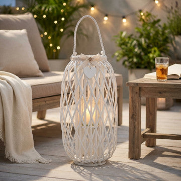 Lanterna bianca in vimini e vetro con decoro a cuore, altezza 86 cm