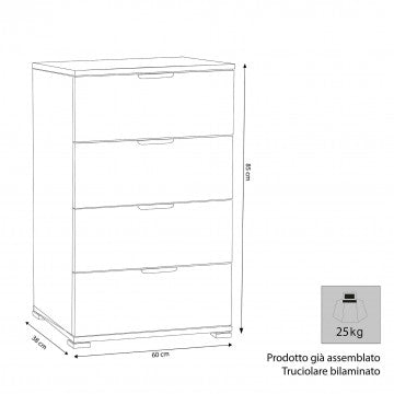Cassettiera 4 cassetti in truciolare bilaminato bianco 60x38x85 cm