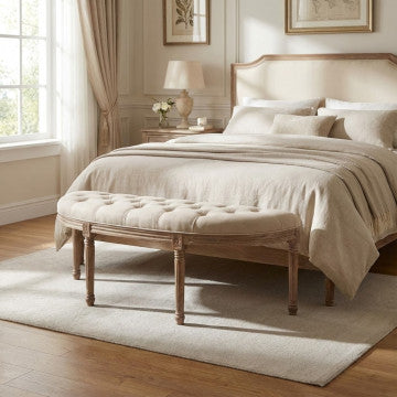 Panca in legno con rivestimento in tessuto beige 125x45x48 cm