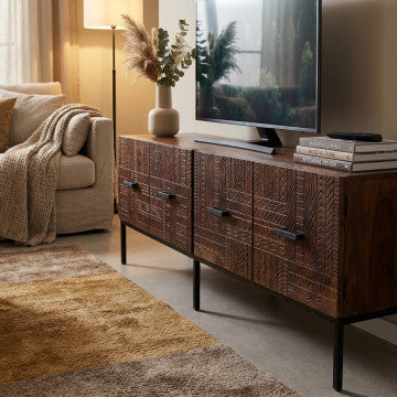 Porta TV con ante in legno di mango e struttura in ferro wengé