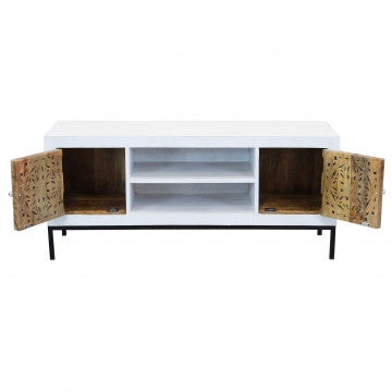 Porta TV con struttura in ferro e ante in legno di mango, 130x40x55 cm