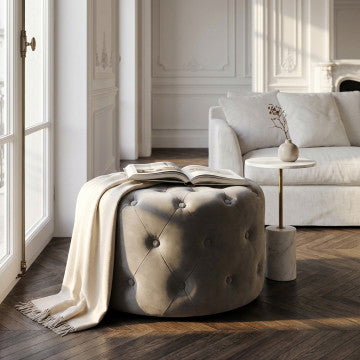 Pouf rotondo in velluto tortora, diametro 67 cm, altezza 41 cm