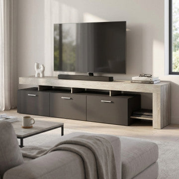 Porta TV in truciolare bilaminato, 220x40x52 cm, colori pino chiaro e antracite