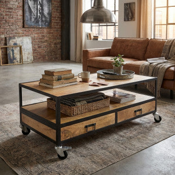 Tavolino in legno di mango con 2 cassetti 120x60x45 cm